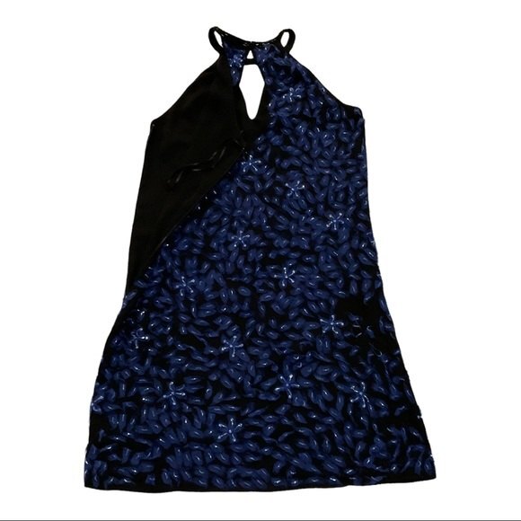 Parker Black Abstract Embellished Mini Halter Cocktail Dress 2 Black Blue Floral - Picture 3 of 9